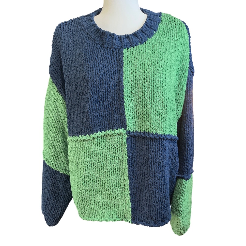 Lumiere Phileo Style Chunky Knit Colorblock Sweater Blue Green Checkered Medium